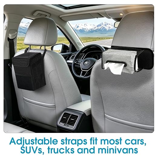 Car Trash Can with Tissue Holder, Leakproof Car Garbage Can with Detachable Car Napkin Holder, Hanging Car Trash Bin for Headrest, Console, Truck, SUV Car Accessories, Crocodile Pattern