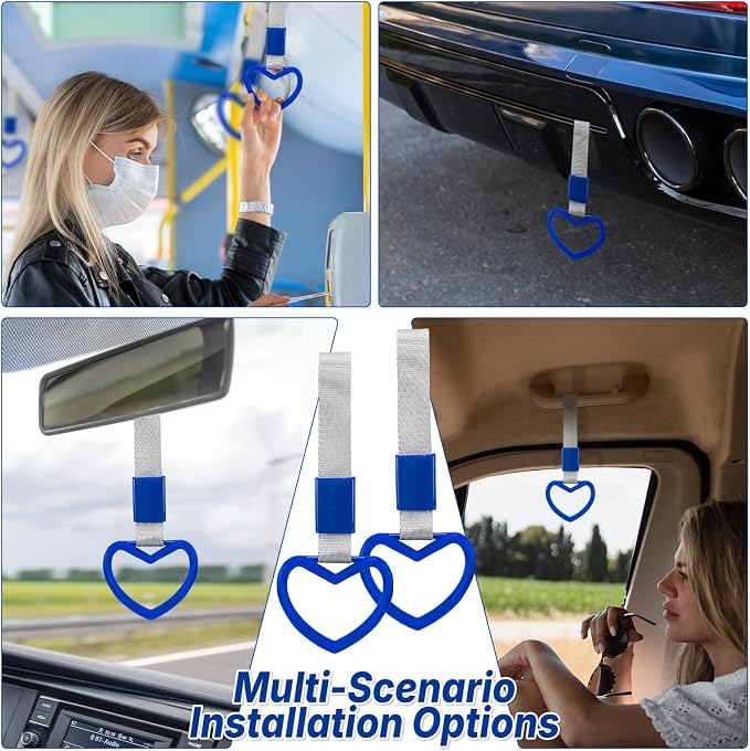 2 Pcs Heart Shaped Car Handle Strap – JD M Drift Charm Rear Bumper Warning Ring Decor for Car Interior Exterior, Subway Bus Handle Accessory, Cute Heart Car Decor Gift for Drivers (Blue-Silver)