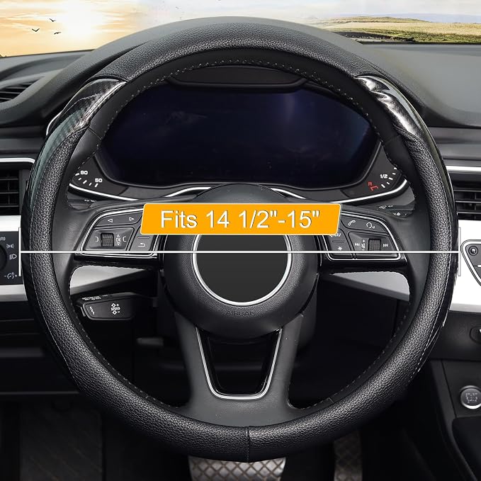 Carbon Fiber Steering Wheel Cover, Universal 15 inch, Anti-Slip, Odorless,Black