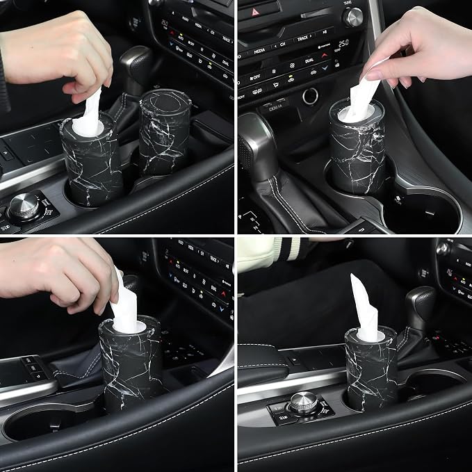 Tissue Holder, 4 Pack Car Cup Holder Facial Tissues with Travel Tissue Bag, Quick and Convenient Flower Combination Car Tissue Box(4 Canisters/200 Tissues) Black