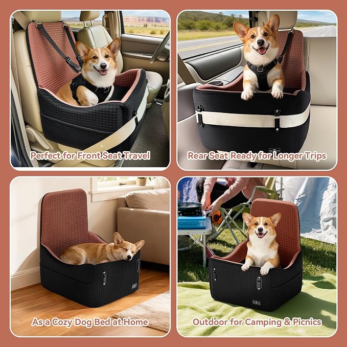 Dog Car Seat for Small/Medium Dogs Up to 35 lbs – Patented Safety System, 5" Memory Foam Pet Booster Car Seat, Fully Detachable and Washable Dog Carseat with 2 Storage Pockets (Black/Brown)