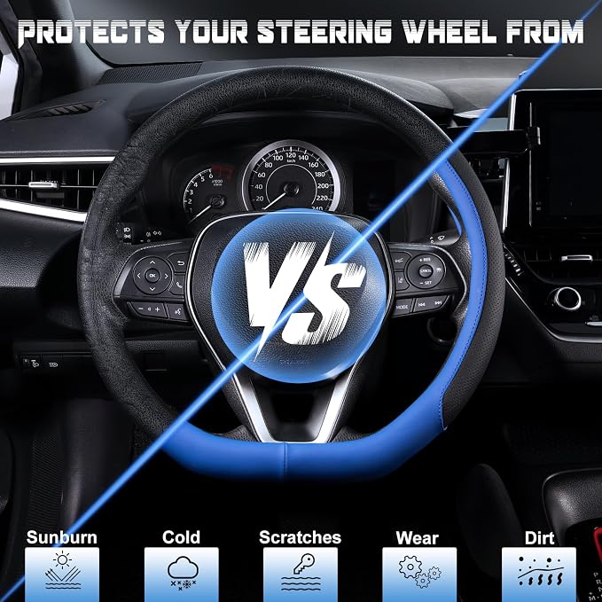 D Shaped Steering Wheel Cover for 14.5-15 inch Flat Bottom Wheels, Breathable Perforated Microfiber Leather, Anti-Slip Grip, Universal Fit for Cars & SUVs, Black and Blue
