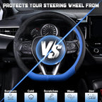 D Shaped Steering Wheel Cover for 14.5-15 inch Flat Bottom Wheels, Breathable Perforated Microfiber Leather, Anti-Slip Grip, Universal Fit for Cars & SUVs, Black and Blue