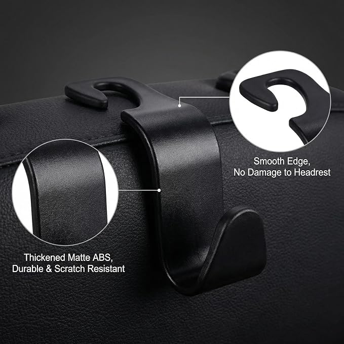 Car Headrest Hooks – 4-Pack Black, 13 lbs Capacity | Hang purses, coats, umbrellas & grocery bags. Universal fit for most headrests. ABS design keeps car tidy & clutter‑free.