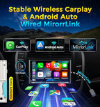 7" Wireless Double Din Car Stereo Apple Carplay Radio QLED Screen for Car, Android Auto, Bluetooth 5.3, Fast Charger, 1080P Backup Camera, 4.2 Channel Outputs 240W, 2 Subwoofer
