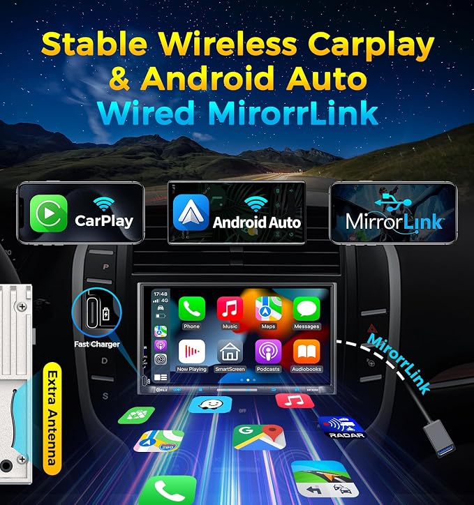 7" Wireless Double Din Car Stereo Apple Carplay Radio QLED Screen for Car, Android Auto, Bluetooth 5.3, Fast Charger, 1080P Backup Camera, 4.2 Channel Outputs 240W, 2 Subwoofer