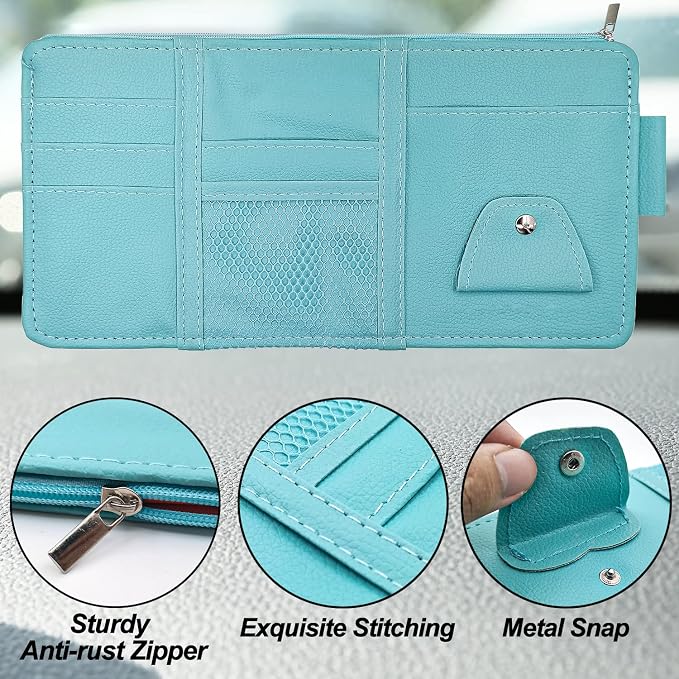 Blue Car Sun Visor Organizer, Auto Car Sun Visor Gift Card Holder Storage Organizer Travel Document Holder with Zipper Pocket for Sedan, Trucks, SUV