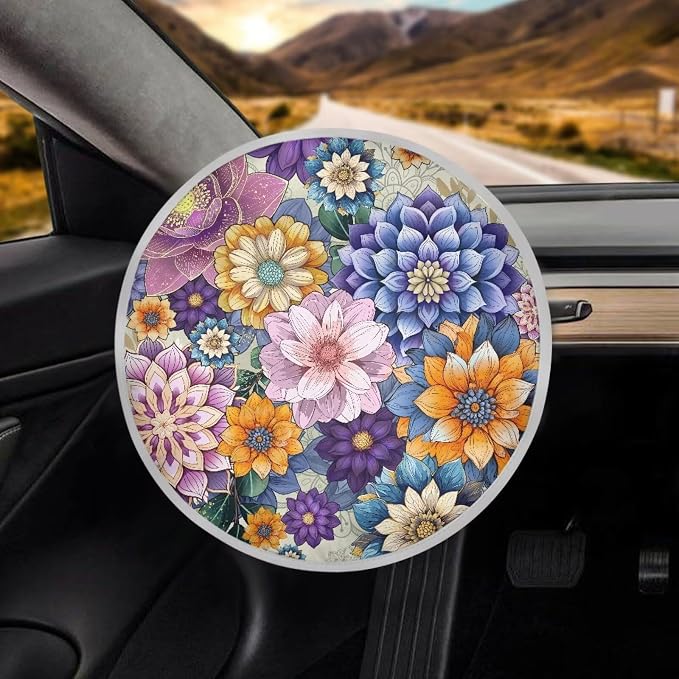 Steering Wheel Sun Cover Boho Floral Car Accessories for Women 17 inch Universal Anti-Heat Steering Wheel Sun Block Cover for Cars SUV Trucks Sedan