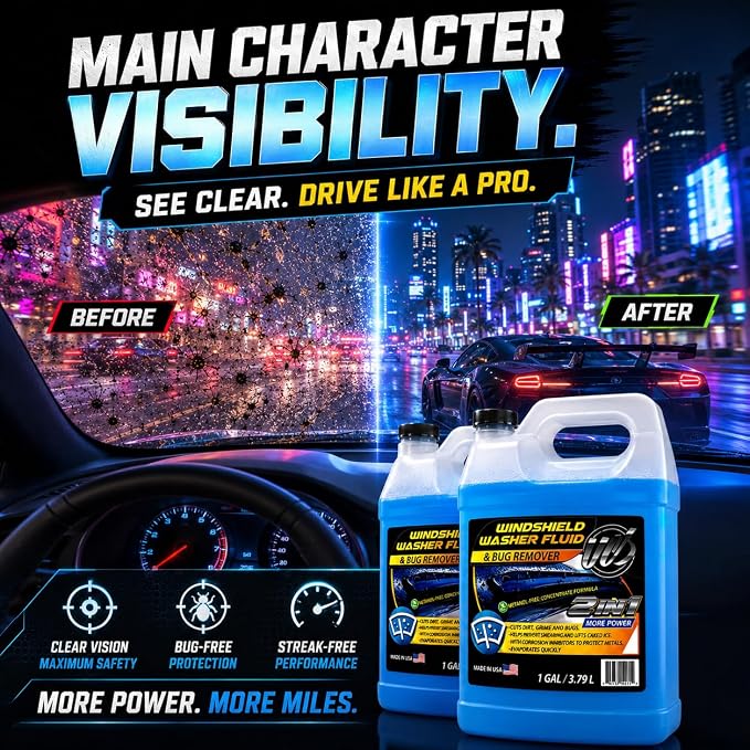 2-in-1 Windshield Washer Fluid 2-Pack (1 Gallon Each, 256 fl oz Total) – Ready to Use, Streak-Free Formula, All-Weather Cleaning, Removes Bugs, Dirt & Road Grime – Premium Windshield Cleaner