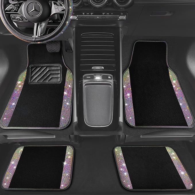 Bling Diamond Leather Steering Wheel Cover 14.5in-15in Floor Mats Shining Rhinestone Carpet Sparkly Glitter Crystal Anti-Slip Pad Fit Automotive SUV Pickup Truck Girl Women, 5pcs Multicolor