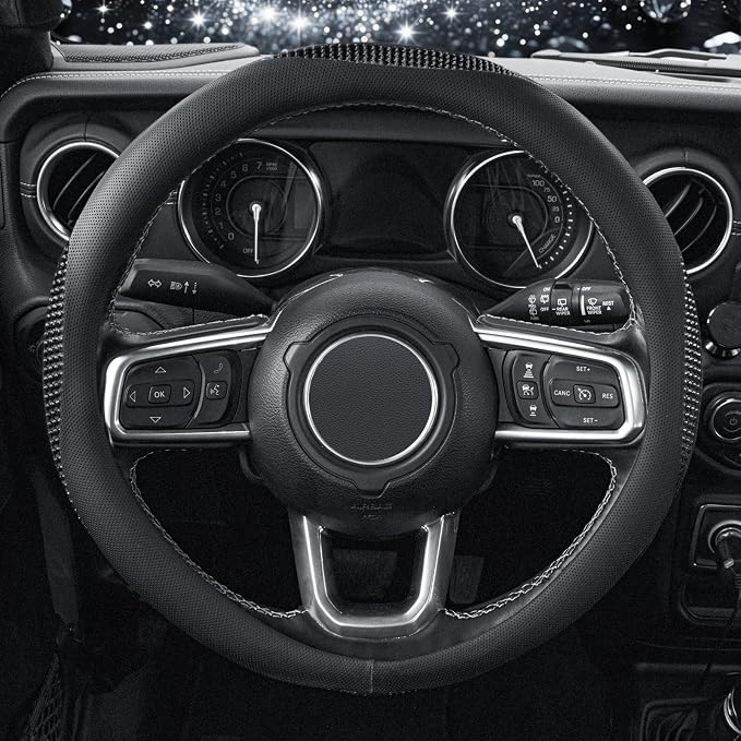Sparkly Diamond Steering Wheel Cover, Bling Rhinestone Breathable Leather Car Protector, Universal 15 Inch Fit for Women Girls, Anti-Slip Comfortable, Black
