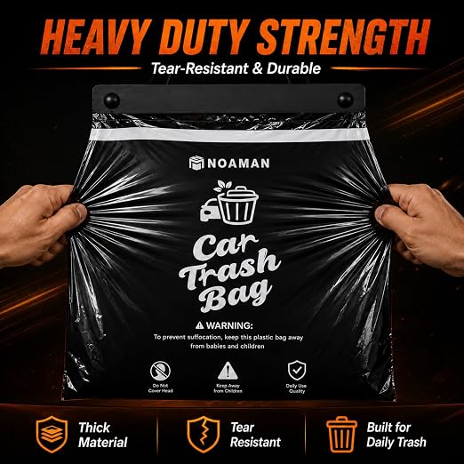 50PCS 1 Pack Car Trash Bags, 2.5 Gal Disposable Garbage Bags for Car, SUV, Truck and RV, Leak-Resistant Odor-Control Bags, Stick-On or Headrest Mount, Alternative to Car Trash Can, Black