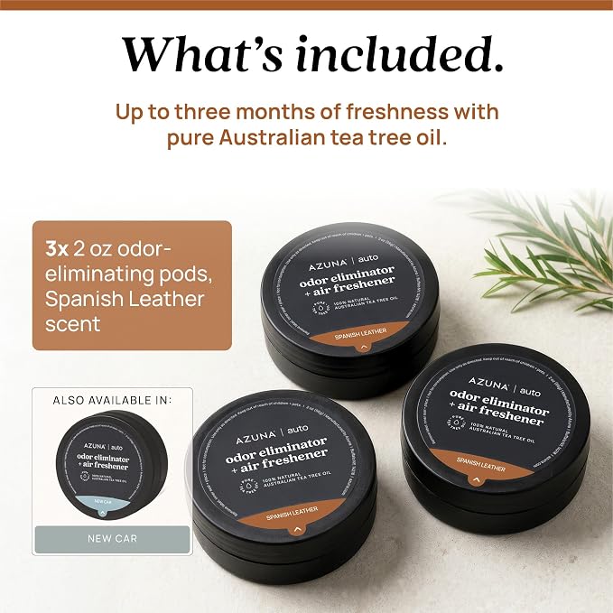 Car Air Freshener & Auto Odor Eliminator Pods Trio | Spanish Leather | Plant Powered by 100% Australian Tea Tree Oil | Long Lasting and No harsh chemicals | Made in USA | 3 Pack of 2oz Pods
