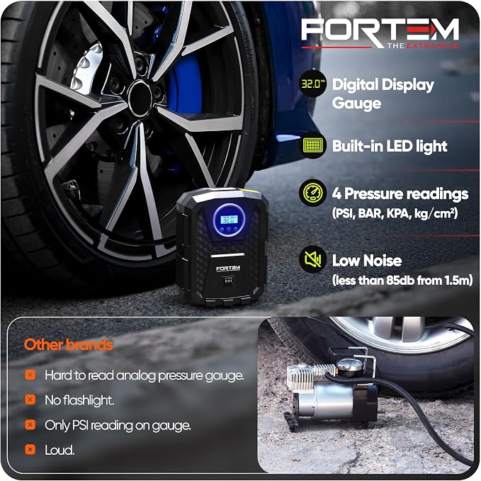 Tire Inflator Portable Air Compressor, Air Pump for Car Tires and Bikes, Car Tire Pump w/Auto Shut Off, 150 PSI, 12V DC, LED Light, Carrying Case, Perfect For Men, Women