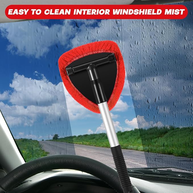10 Pcs Windshield Cleaner Tool Car Window Cleaning Supplies with Extendable Handle Include 6 Washable Microfiber Bonnets 2 Empty 60ml Spray Bottle Glass Wiper Kit(Red)