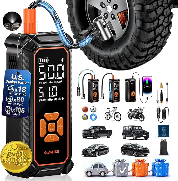 Tire Inflator Portable Air Compressor, Dual Power - 6000mAh & 12V DC, Cordless Air Pump for Car Tires, Bikes, Motorcycle, Balls with LED & Digital Pressure Gauge, Auto Shut-off