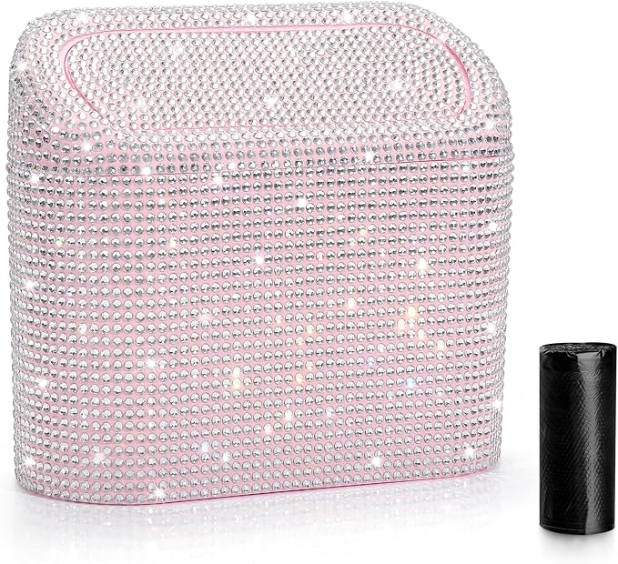 Bling Car Trash Can with Lid, Leakproof Mini Vehicle Trash Bin Automotive Dustbin Organizer Storage, Sparkling Crystal Rhinestone Trash Bag Container with 30pcs Garbage Bags Car Accessories