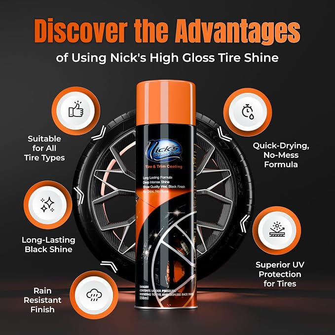 Nick's Professional Supplies High Gloss Tire Shine (1 Pack) - Long Lasting Tire Care - Your Ultimate Wet Tire Shine Spray for a Black Finish Shine on Ceramic Coating for Cars, Trucks, Motorcycles.