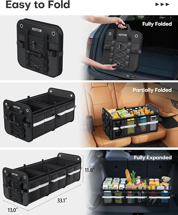 Trunk Organizer - 3-Compartment Car Organizer and Storage with Cooler Bag, Foldable Car Storage Organizer for SUV with Handles & Strap for Shopping, Picnic, 33.1" x 13.0" x 11.8", Black