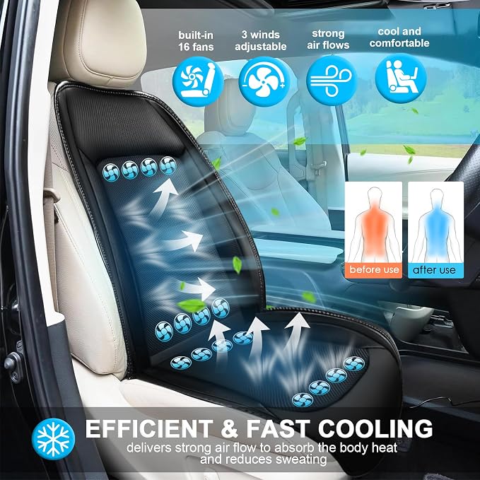 Cooling Car Seat Cover with 16 Fans Cooling Car Seat Cushion with Massage Adjustable Temperature 12V Seat Cooler Car Seat Cooling Pad Ventilated Seat Cover for Car (3 in 1, Black)