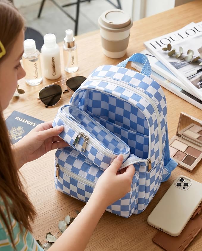 Preppy Checkered Clear Travel Makeup Brush Holder,Blue and Beige Checkered Makeup Brush Toiletry Bag, Portable Cosmetic Brush Case,Transparent Waterproof Makeup Brush Storage Bag