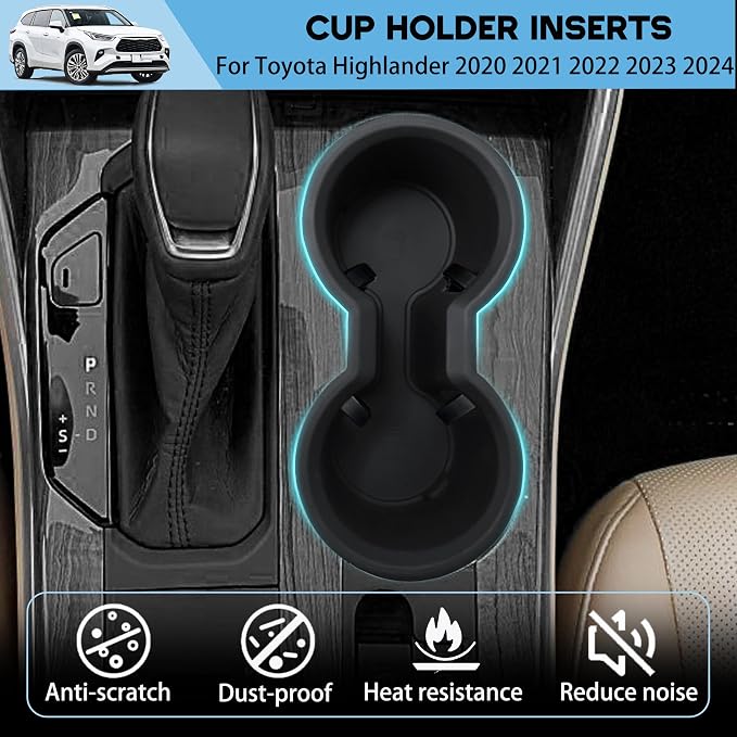 Cup Holder for 2020-2024 Toyota Highlander Center Console Cup Holder Insert Silicone Protector Mat Pad Cupholder Coaster Liner for 2021 2022 2023 Highlander Interior Decoration Accessories Black