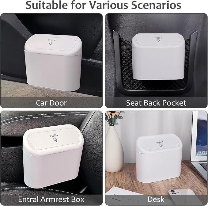 Car Trash Can with Lid, Vehicle Dustbin Garbage Organizer Holder with One Roll Bag, Mini Leakproof Storage Bin for Auto, SUV, Office (White)