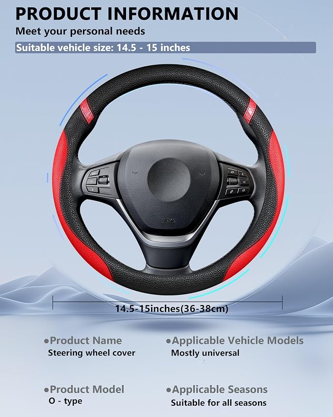 Steering Wheel Cover for Women Leather Universal Steering Wheel Cover for Car 15 inch (Red)