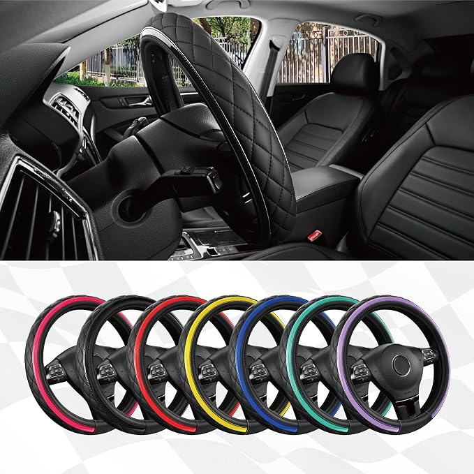 Leather Steering Wheel Cover – Black & Black, Universal Fit 14.5-15 Inch, Microfiber Leather, Anti-Slip & Breathable Design for Men and Women