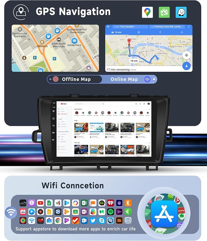[8 CORE 4G+64G] Car Radio for Toyota Prius 2010-2015 Not Fit J-B-L with Wireless Carplay/Android Auto, 9 Inch Android 13 IPS Touch Screen Car Stereo, Bluetooth, GPS, WiFi, SWC, DSP + Backup Camera