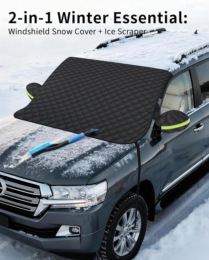 Snow Cover for Car Windshield, Snow Brush and Ice Scraper, Winter Front Window, Protects from Ice Snow Sun, Durable Car Hood Cover, Easy Install Automotive Exterior Accessories (B-Snow Cover-M-Kit)