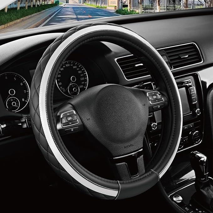Leather Steering Wheel Cover – Black & Silver, Universal Fit 14.5-15 Inch, Microfiber Leather, Anti-Slip & Breathable Design for Men and Women