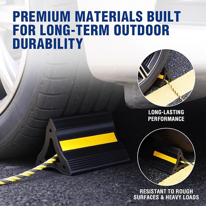 4-Pack Rubber Wheel Chocks with Rope & 3 Reflective Strips, Heavy Duty Non-Slip Tire Stoppers for Cars, SUVs & Trailers, Rubber Wheel Wedges for Garage & Driveway