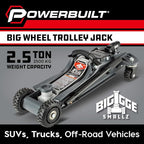 Powerbuilt Biggie Smalls 2.5-Ton Off-Road Trolley Jack with 4" Oversized Wheels, Saddle Extension, Integrated Handle Storage, Portable Design for SUVs, Trucks, and Off-Road Vehicles 620683ECE