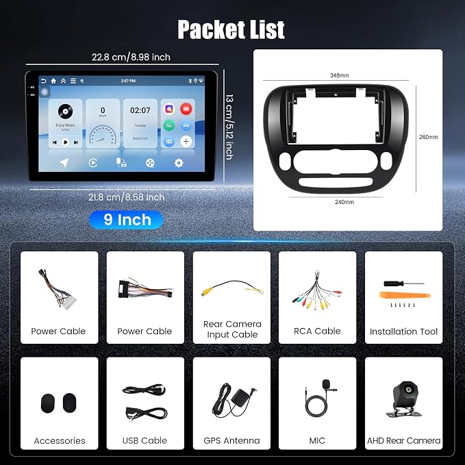 4+128G Android 15 Car Stereo for Kia Soul 2014-2017 (Manual A/C), 9” Touchscreen Radio with CarPlay, Android Auto, Bluetooth, GPS Navigation, WiFi, DSP, FM, RDS + AHD Backup Camera
