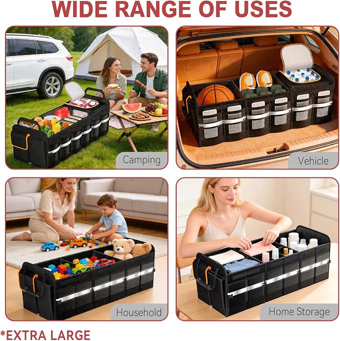 XL Heavy-Duty Trunk Organizer – Reinforced SUV & Truck Cargo Storage with 6 Adjustable Compartments, Trunk Organizer with Cooler, Collapsible Large Trunk Organizer for Car with Cover