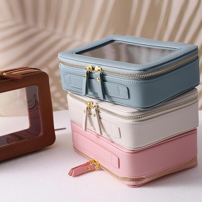 Toiletry bag waterproof cosmetic organizer with handle large opening for travelling (Pink)