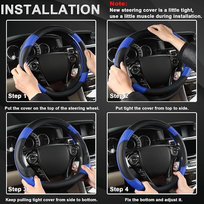 Microfiber Leather Steering Wheel Cover for Honda Accord,Civic,CR-V,HR-V,Pilot(Diamond-Pattern-Black+Blue-Standard Size)