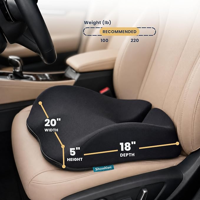 Car Seat Cushion for Long Driving – X Large Memory Foam Seat Cushion for Sciatica & Tailbone Pain Relief, Orthopedic Coccyx Cushion with Non-Slip Bottom, Back Pillow for Car, Truck (Black)