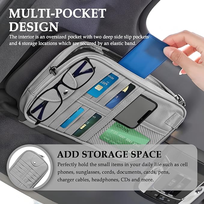 Upgrade Car Visor Organizer,Multipurpose Car Sun Visor Organizer with Sunglasses Holder for Car Storage Bank Cards,Driver's License,PU Leather Truck Visor Organizer for Most Vehicles (Grey)