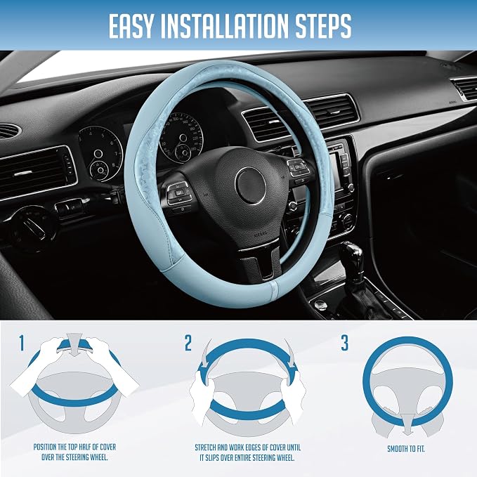 Steering Wheel Cover, Light Blue Patterned Leather Patchwork Design, Universal Fit 14.5"–15.5", Anti-Slip, Odor-Free, Soft PU Grain Leather, Durable Grip Car Accessory for Girls & Women