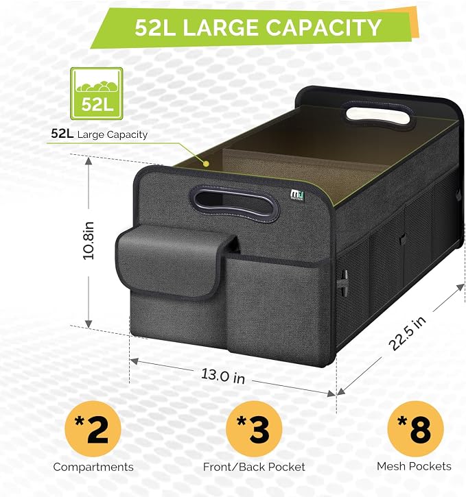 Trunk Organizer for Car, Car Organizer, 8 Mesh Pockets Trunk Organizer for SUV, Non-Slip Bottom, Storage Organizer for Sedans, Van, Jeep, Grocery, 2 Compartments, Black 22"x13"x11"