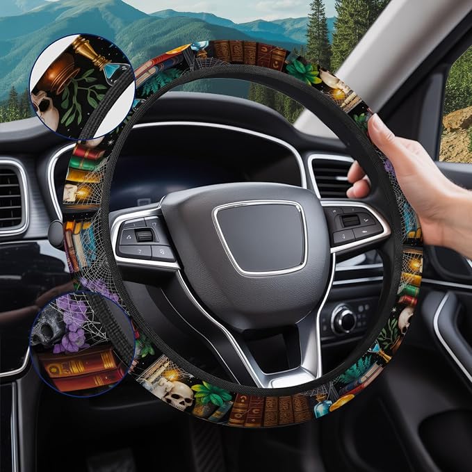 Dark Academia Books Steering Wheel Cover, Polyester Non-Slip Car Wheel Grip, Universal 15 Inch Auto Accessory