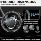 Black and White Checkered Steering Wheel Cover for Women, Anti-Slip Car Steering Wheel Cover with 2 Pcs Cup Holders Neoprene Breathable Car Accessories Universal 15 Inch Auto Interior Decor