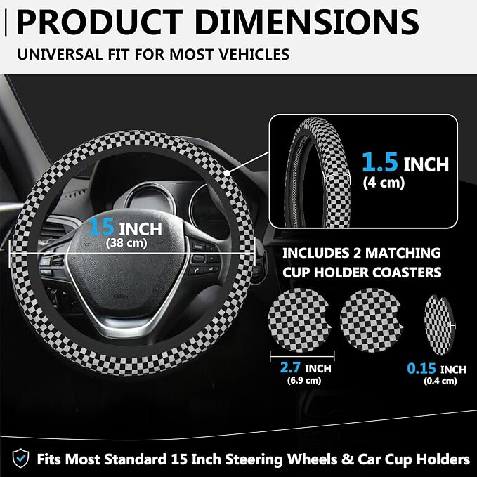 Black and White Checkered Steering Wheel Cover for Women, Anti-Slip Car Steering Wheel Cover with 2 Pcs Cup Holders Neoprene Breathable Car Accessories Universal 15 Inch Auto Interior Decor