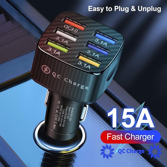 Car Charger Adapter, 6 USB Multi Port, Fast Charger, Include QC 3.0 and 5 Other Ports, Car Interior Accessories, Fit for iPhone 13/12/11/pro, Samsung Galaxy/Note S10/S9/S8, Android - Black