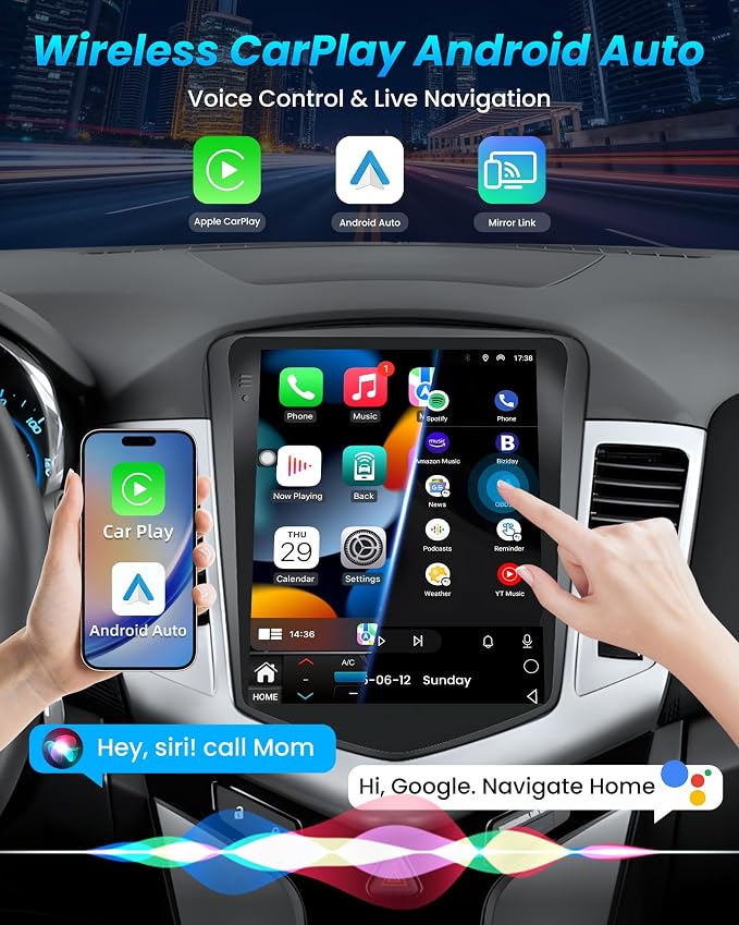 8Core+4GB RAM Car Radio for Chevrolet Chevy Cruze 2009-2015: 10.4" 1280 HD IPS Tesla-Style Touchscreen Head Unit Stereo Upgrade Wireless Carplay Andriod Auto Backup Camera GPS 5G WiFi FM DSP