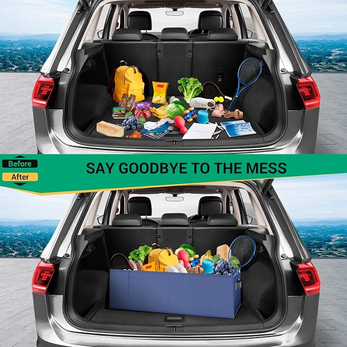 Trunk Organizer for Car, Car Organizer, Sturdy Trunk Organizer for SUV, Non-Slip Bottom, Storage Organizer for Sedans, Van, Jeep, Grocery, Large 3 Compartments, Blue 32"×13"×10.6"