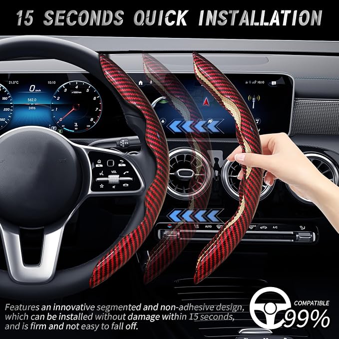 2pcs Car Steering Wheel Cover,Anti-Skid Carbon Fiber Steering Wheel Protector for Men Women,Multiple Color Options,Universal for Most Car Interiors Accessories (Bright Red)