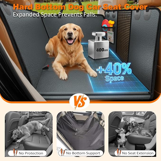 PU Leather Backseat Extender for Dogs, Hard Bottom Dog Car Seat Cover for Back Seat, Holds 400 LBS, Waterproof Dog Car Hammock Anti-Scratch Pet Rear Seat Protector Travel Bed for Car and SUV